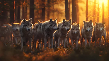 Poster Group of wolves in the forest with sunset. © linda_vostrovska