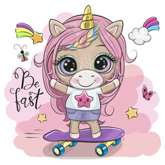 Cute Cartoon Unicorn with skateboard