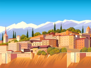 Fotobehang European romantic landscape with medieval town in the first plan and mountains in the background. Handmade drawing vector illustration. Can be used for posters, banners, postcards, books  etc. © alaver