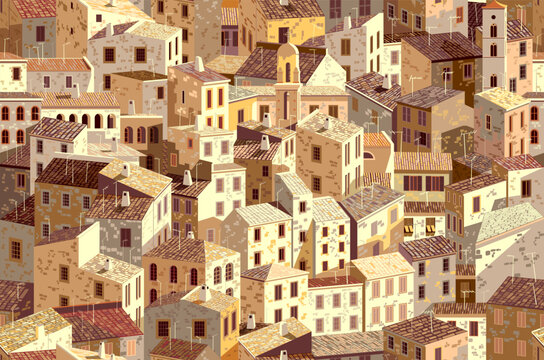 Traditional colorful houses in one of the areas of Spain, France or Italy. Handmade drawing vector illustration. Seamless architectural pattern texture or background.