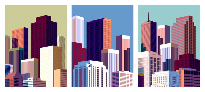 Set of 3 cityscape overlooking high-rise corporate buildings in the commercial and financial center and luxury condominiums in the city center. Handmade drawing vector illustration. Pop art style.