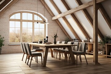 Dining table and chairs in attic with wood beams