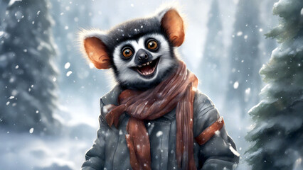 Lemur mit moderner Kleidung für den Winter schaut sehr fröhlich. Es schneit im Wald. - obrazy, fototapety, plakaty