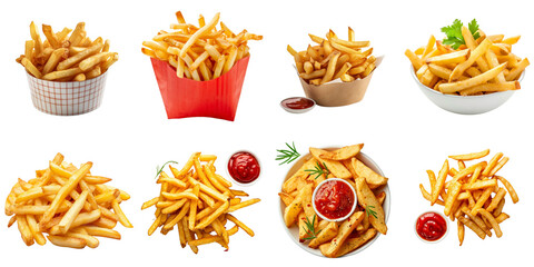 Fresh french fries collection in 3d png transparent for presentation. Created using generative AI. - obrazy, fototapety, plakaty