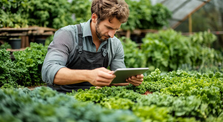 Naklejka na ściany i meble man in overalls is using a tablet while inspecting a lush green kale garden in a sunny greenhouse