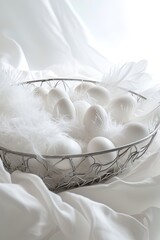 Fototapeta na wymiar White eggs in a wicker basket on a feathered backdrop. Ideal for Easter themes and soft decor. 