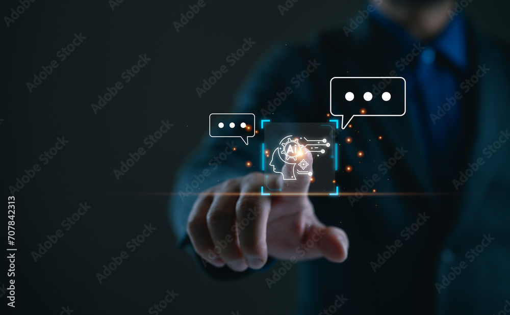 Poster Ai technology, Artificial Intelligence. Man using technology smart robot AI, artificial intelligence by enter command prompt for generates something, Futuristic technology transformation. Chat with AI
