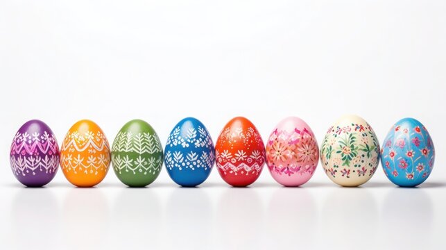 Easter banner with colorful eggs with patterns in row on white background