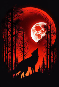 The wolf looks up at the red moon. AI Generated