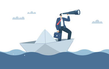 Business leaders search for investment opportunities, Vision to look forward amidst obstacles, Predicting or discovering new ideas, Businessman with binoculars on paper boat in the sea. - obrazy, fototapety, plakaty