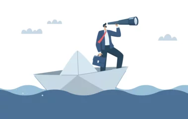 Foto op Canvas Business leaders search for investment opportunities, Vision to look forward amidst obstacles, Predicting or discovering new ideas, Businessman with binoculars on paper boat in the sea. © wenich