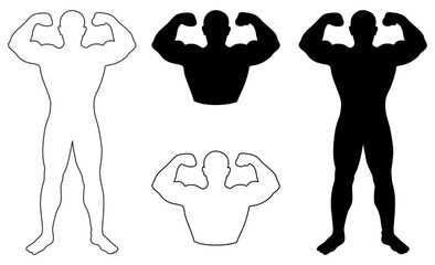Powerful man graphic icons. Human body signs isolated on white background. Bodybuilding and fitness symbol. Vector illustration