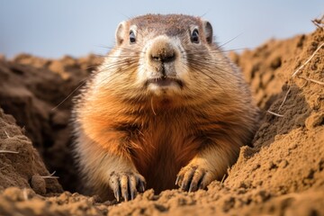 groundhog animal in nature  looking out of the hole