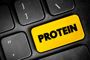 Protein - large biomolecules and macromolecules that comprise one or more long chains of amino acid residues, text concept button on keyboard