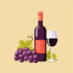 Obraz premium Red Wine Bottle Glasses and Grapes Vector