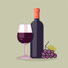 Red Wine Bottle Glasses and Grapes Vector