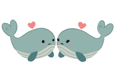 Cute cartoon whales- Two cute whales and pink hearts, cute cupple  whales illustration.