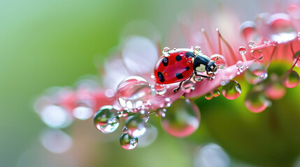 Close up of bright red ladybug on dewy flower petal, soft natural background