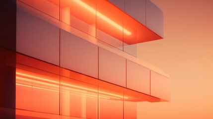 Peach Fuzz color minimalist Modern architecture at night, sunset and light reflections