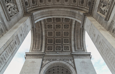A view from directly under the famous Arc de Triomphe. Detail under view of carvings under the arch...