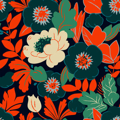 Decorative seamless floral pattern. Hand drawn design for textile, fabric, wallpaper, web, print. Red, orange and green stylized flowers and plants.  - 707847132