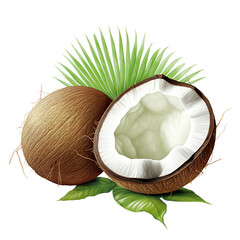 split coconut illustration with green leaves - obrazy, fototapety, plakaty