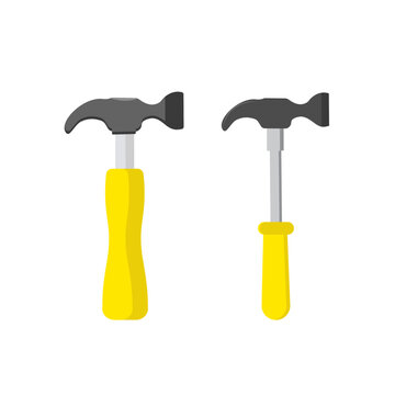 Abstract logo made from two realistic hammers. Hammers logo. Two typical hammers in flat style with shadow. Vector image of a hammer.