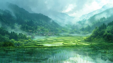 Rice paddy green and lush growing in shallow water, and surrounded mountains tall and rugged. Drawn style.