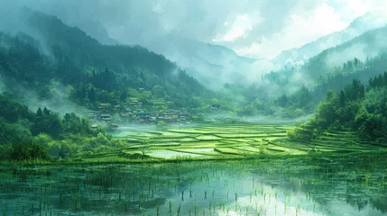 Stof per meter Rice paddy green and lush growing in shallow water, and surrounded mountains tall and rugged. Drawn style. © Lustre