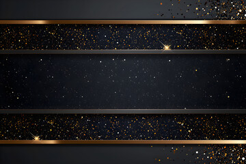 Black abstract background with gold stripes and gold glitter. - obrazy, fototapety, plakaty