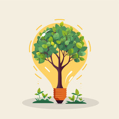 Tree Growing on Light Bulb Vector Flat