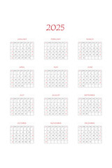 2025 calendar planner. Corporate week. Template layout, 12 months yearly, white background. Simple design for business brochure, flyer, print media, advertisement. Week starts from Monday