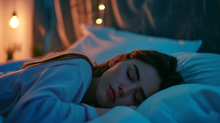 Woman asleep in bed with her head resting on a pillow, the room is dimly lit with soft blue tones, a peaceful night's atmosphere conducive to rest.