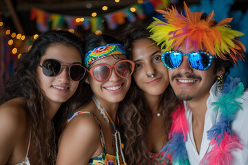 Selfie of happy moments in the photo booth. Group of diverse friends together sharing laughter and positive energy taking a snapshot of the moment. Effervescent glitter with shine and festive essence.