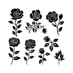 Rose silhouette set. Decorative icon of rose flower. Flower vector illustration and logo style.

