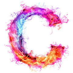 A colorful, flames letter "C" on a white background. Ai generated.
