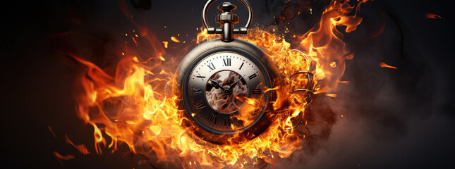 Vintage pocket watch engulfed in flames against a dark background, symbolizing urgency, time...