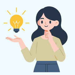 Fototapeta na wymiar Minimalist Illustration of People with Brilliant Ideas. Thinking Person with Lighted Bulb. Symbol of Creativity and Innovation