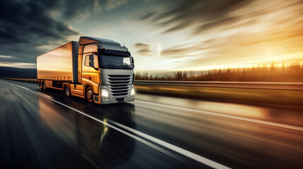 Semi-truck with a large trailer in motion on a highway, captured with a sense of speed, with the background blurred to emphasize movement, during a beautiful sunset or sunrise.