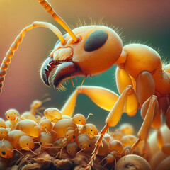 Mrówka faraona z młodymi (Monomorium faraonis) Obraz macro - obrazy, fototapety, plakaty