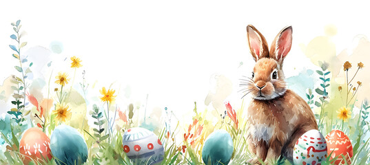 banner of watercolour illustration of bunny and easter eggs  - obrazy, fototapety, plakaty