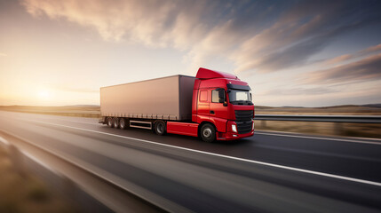 Fototapeta na wymiar Red semi-truck with a large trailer in motion on a highway, captured with a sense of speed, with the background blurred to emphasize movement, during a beautiful sunset or sunrise.