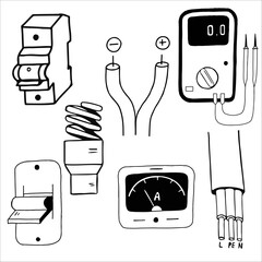 Electrical devices. Ammeter, Voltmeter, circuit breaker, fluorescent lamp, electrical wire. Vector illustration in doodle style.