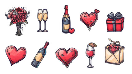 Set of hand-drawn pop-style icon illustrations with valentine motifs - an envelope with a heart, a bouquet, heart, gift box, glasses of champagne, a bottle of wine, a box of chocolates