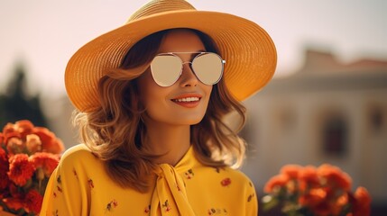 A pretty woman enjoying a sunny day in summer, wearing stylish sunglasses and a chic hat