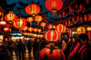 A traditional Chinese lantern glowing brightly during a festive celebration, illuminating a bustling street market.