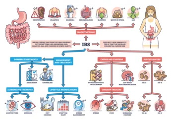 Fotobehang IBS or irritable bower syndrome causes and condition symptoms outline diagram. Labeled educational scheme with digestive system chronic problems vector illustration. Medical gastrointestinal disorder © VectorMine