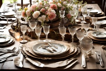 A rustic wooden table adorned with vintage silverware, floral porcelain plates, and antique crystal glasses, set for an elegant dinner party.