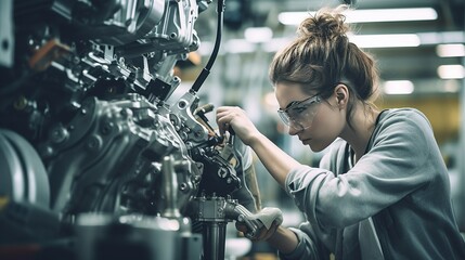 A skilled female technician fine-tuning machinery with utmost detail in an automotive manufacturing unit - obrazy, fototapety, plakaty