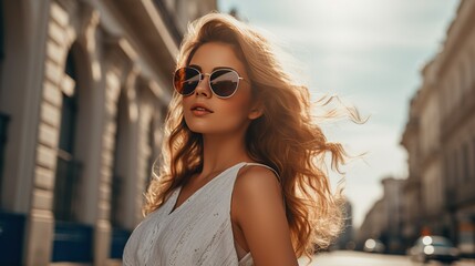 Capture the elegance of a young woman wearing sunglasses, posing gracefully on a sunlit street